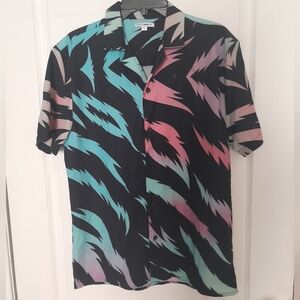 Fashion Nova Black Short-Sleeve Button Down with Teal & Pink Abstract Print